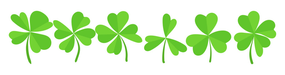 Row of six green shamrocks with heart-shaped leaves isolated on a white background. Flat illustration design. St. Patricks Day celebration and Irish luck concept