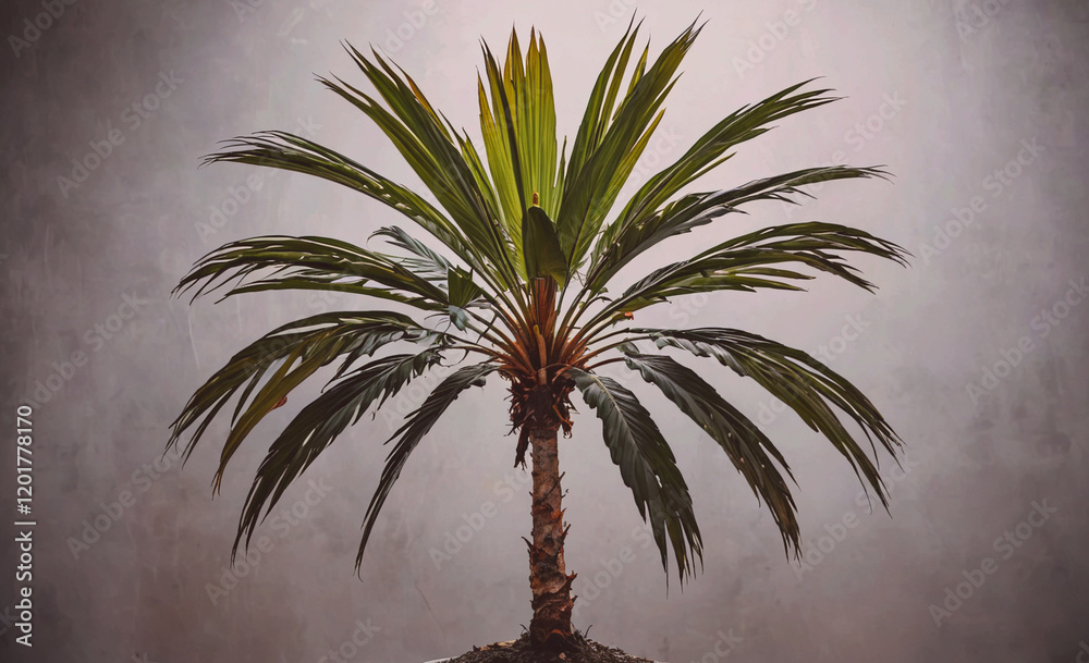 Poster A palm tree is standing tall in front of a grey wall. The tree is the main focus of the image, and it is the only thing in the scene. The grey wall and the tree create a sense of calm