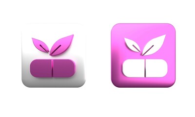 Colorful Medical pill with plant icon isolated on white background. Herbal pill. Square button. 3D render illustration