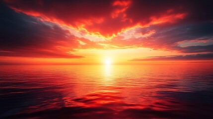 Fototapeta premium Fiery sunset over ocean; calm waters reflect vibrant sky. Use Travel brochure