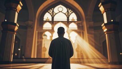 Fototapeta premium Sunlight beams through an ornate mosque during a tranquil moment of reflection