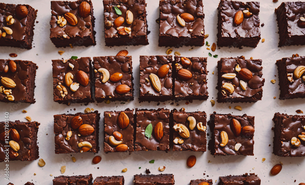 Poster A row of brownies with nuts on top. The brownies are cut into squares and are arranged in a neat row