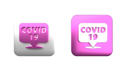 Colorful Corona virus 2019-nCoV on location icon isolated on white background. Bacteria and germs, cell cancer, microbe, fungi. Square button. 3D render illustration