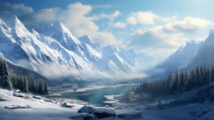 A photo of a majestic mountain range in winter