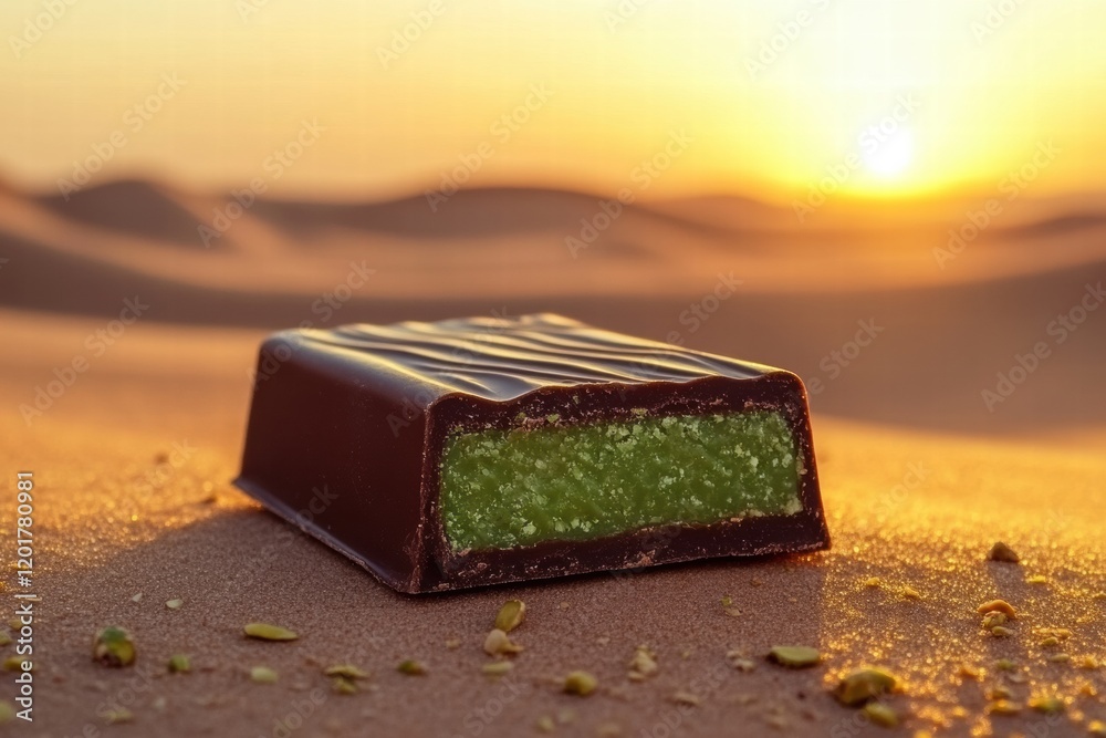 Poster chocolate bar filled with pistachio paste shines against desert sunset. generative ai