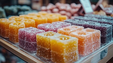 Colorful sugar coated jelly cubes on display.