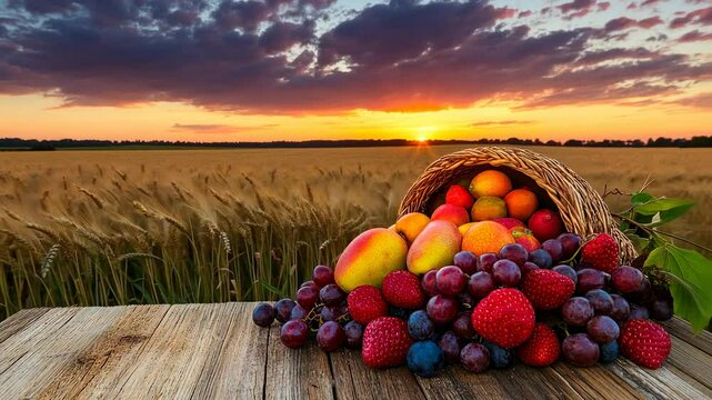 Rural autumn background with colorful fruits in a cornucopia on a wooden table against a sunset sky and a field of wheat. Ample space is available for text. 