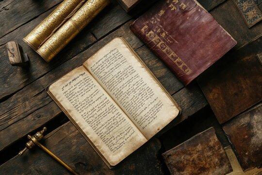 A creative flat lay of Torah study tools: a yad pointer, a prayer book, and a small scroll replica