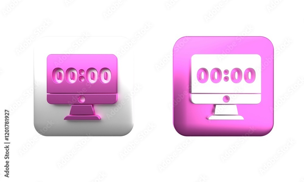 Poster colorful clock on computer monitor screen icon isolated on white background. schedule concepts. squa