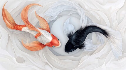 Yin and Yang Koi Fish Swim in Harmony; Abstract Background; Wall Art