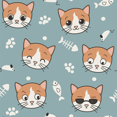 cute hand drawn cartoon character cat funny expressions seamless vector pattern illustration with paw print, fish and mouse toy on blue background