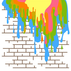 Brick wall of a house with colorful dripping paint. Brick texture.