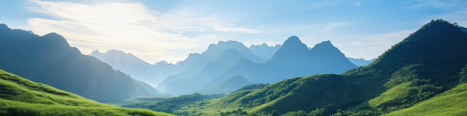 Fototapeta premium A mountain range with a clear blue sky. The mountains are covered in green trees and the sky is bright and sunny
