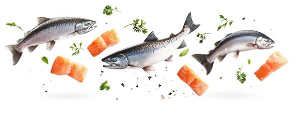 Culinary presentation of flying salmon on white background