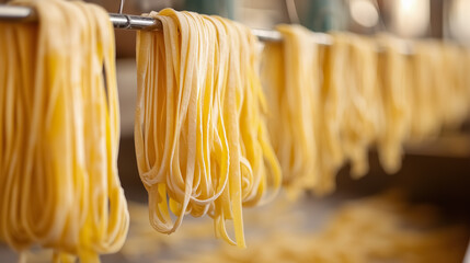 Fresh pasta hanging to dry, showcasing its texture and golden color.