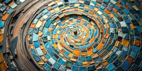 Fototapeta premium A mesmerizing spiral pattern composed of colorful mosaic tiles, creating a captivating visual journey through a world of geometric artistry