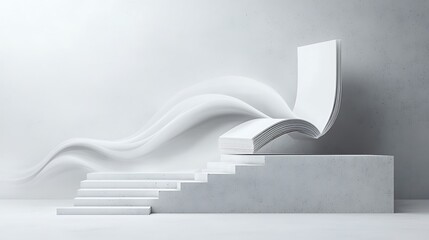 Abstract book pages flowing on stairs, white studio