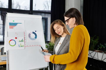 Two young people engage in a creative discussion about data analysis in an office setting.