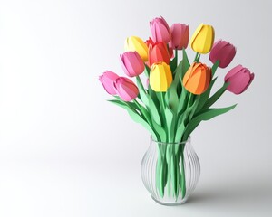 A vibrant bouquet of assorted tulips in a clear vase on a light background.
