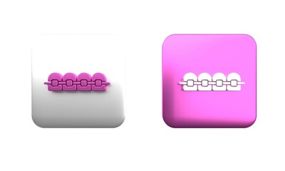 Colorful Teeth with braces icon isolated on white background. Alignment of bite of teeth, dental row with with braces. Dental concept. Square button. 3D render illustration
