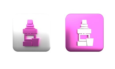 Obraz premium Colorful Mouthwash plastic bottle and glass icon isolated on white background. Liquid for rinsing mouth. Oralcare equipment. Square button. 3D render illustration