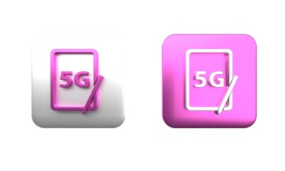 Colorful Graphic tablet with 5G wireless internet wifi icon isolated on white background. Global network high speed connection data rate technology. Square button. 3D render illustration