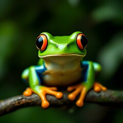 Fototapeta premium Bright Green Frog with Bold Orange Eyes