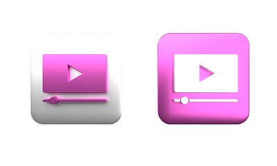 Colorful Online play video icon isolated on white background. Film strip with play sign. Square button. 3D render illustration