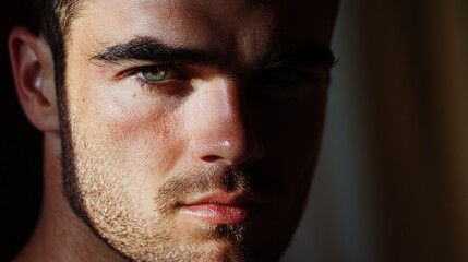 Obraz premium Close-up portrait of a young man with intense green eyes, half his face in shadow.