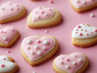 Fototapeta premium Heart shaped cookies, Crumbl cookies with icing on pink background