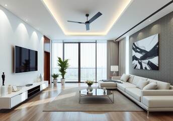 Fototapeta premium Interior of modern living room panorama 3d rendering 