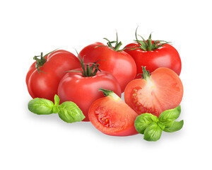 Fresh raw tomatoes and aromatic basil leaves isolated on white