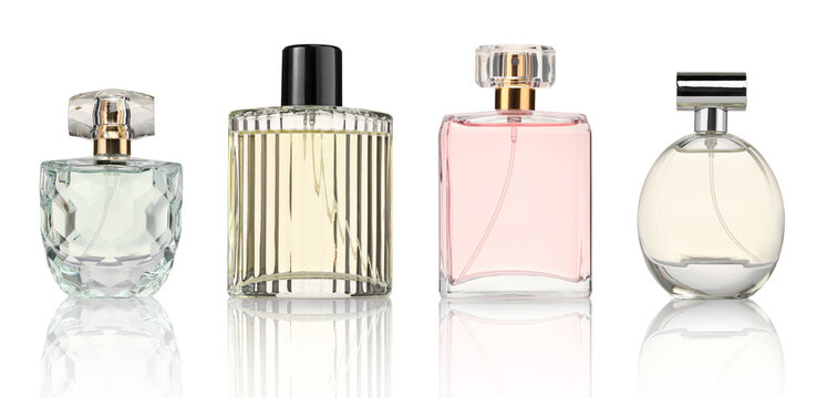 Bottles of various perfumes isolated on white, set
