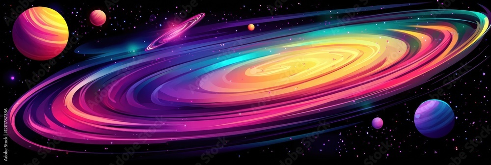 Poster colorful galaxy featuring vibrant nebula and glowing planets in a mesmerizing cosmic display of swir