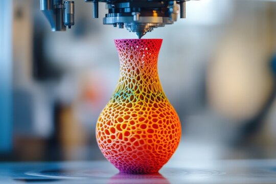 A creative image of a colorful vase being 3D-printed, with intricate patterns emerging layer by layer