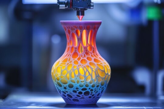 A creative image of a colorful vase being 3D-printed, with intricate patterns emerging layer by layer