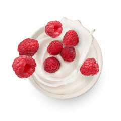 Fresh raspberries falling into bowl of yogurt on white background, top view