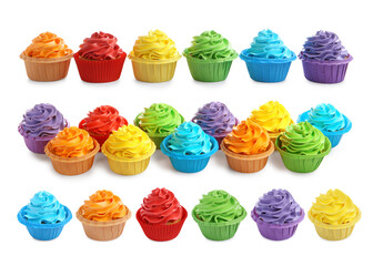 Tasty cupcakes with cream isolated on white, set