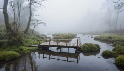 Obraz premium A small wooden bridge crossing a shallow river, almost completely hidden in the mist