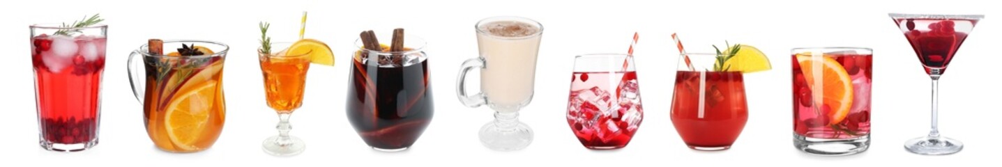 Different Christmas cocktails isolated on white, set