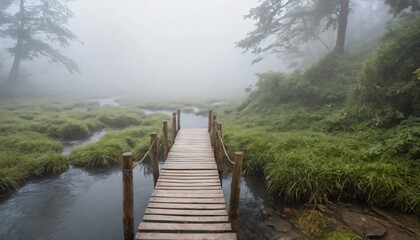 Fototapeta premium A small wooden bridge crossing a shallow river, almost completely hidden in the mist
