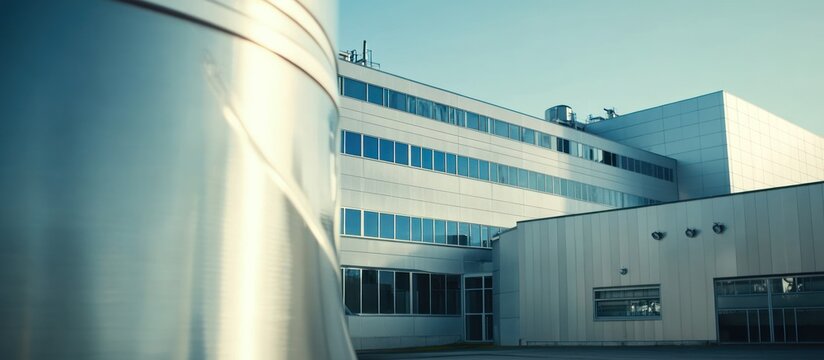 Modern industrial building exterior with a large metallic cylinder.