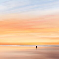 Artwork showing a serene beach scene with a person walking along the shore at sunrise