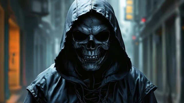 Hooded Skull Death Mask Figure in Dark Alley
