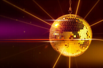 Disco ball reflecting light on dark background. Nightclub decoration