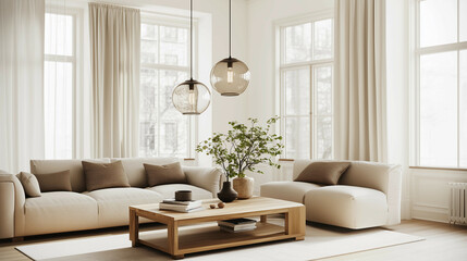Fototapeta premium Stylish modern living room with neutral tones and natural light in spacious urban apartment
