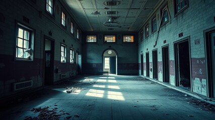 Fototapeta premium Abandoned Asylum Halloween Spooky AI Art, Broken Windows, Bright Colors, Deep Mood
