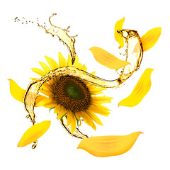 Cooking oil splashes, sunflower and flying petals on white background