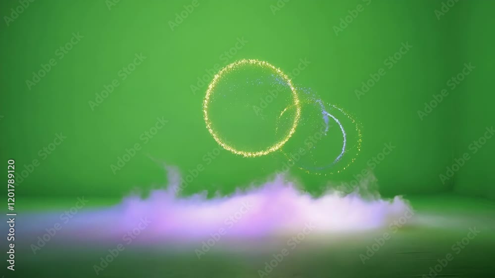 Poster colorful particle rings rotating and floating above a layer of smoke on a green screen background, p