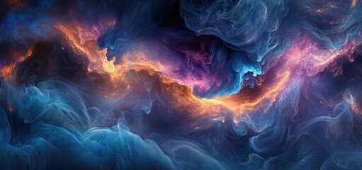 Fototapeta premium A dark, abstract background with ethereal blue, purple, and silver smoke-like wisps, glowing softly to create a mysterious atmosphere.